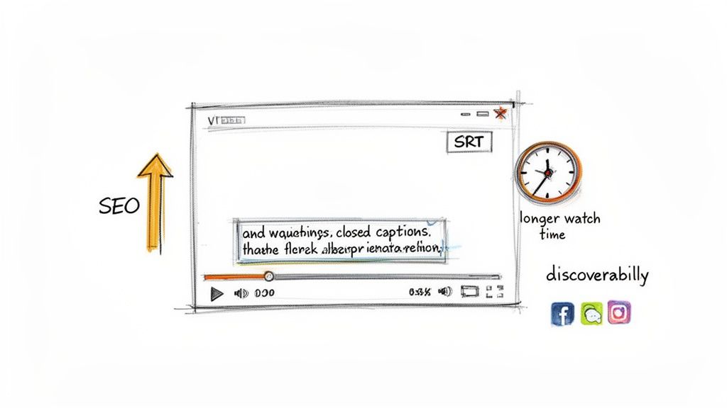 Video player with SRT captions, showing benefits for SEO, longer watch time, and social media discoverability.