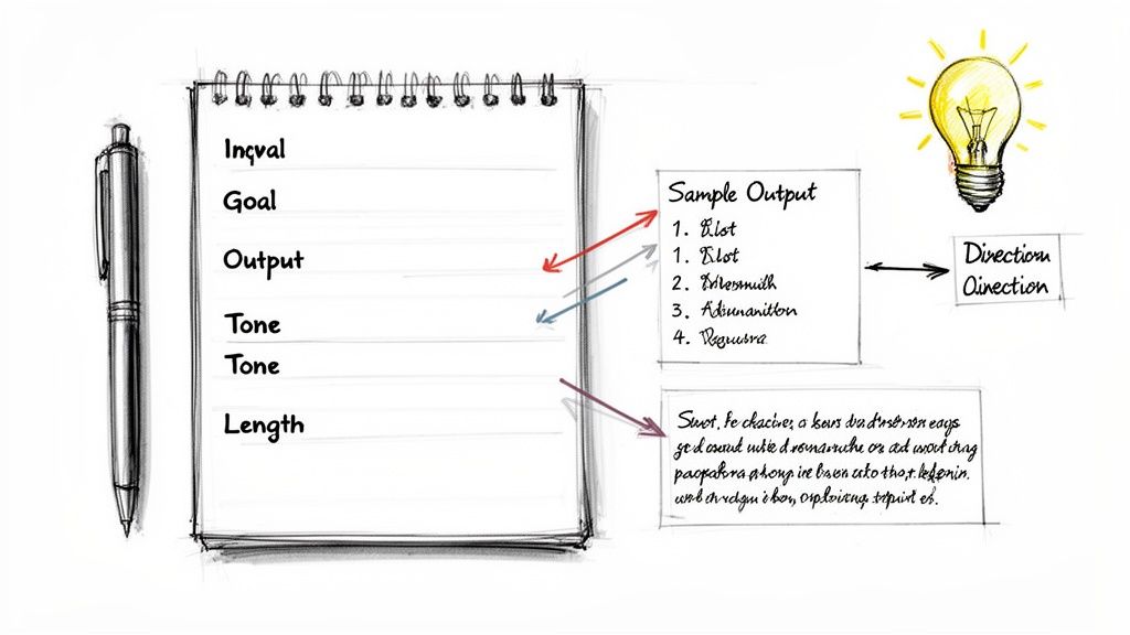 A hand-drawn diagram illustrating input parameters for generating content, with a sample output list and a lightbulb.