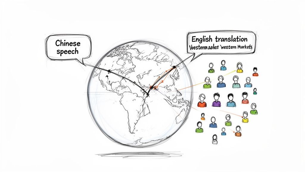 An illustration showing Chinese speech being translated and distributed to Western markets and audiences globally.
