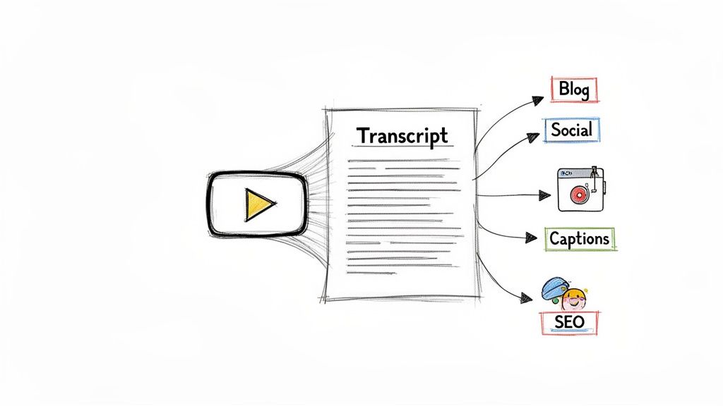 Diagram showing a YouTube video converted into a transcript, then repurposed for blog, social, audio, captions, and SEO.