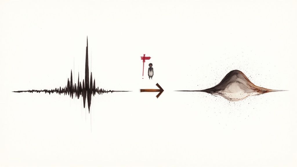 A transformation: a jagged waveform becomes a smooth bell curve, with a figure and signpost.