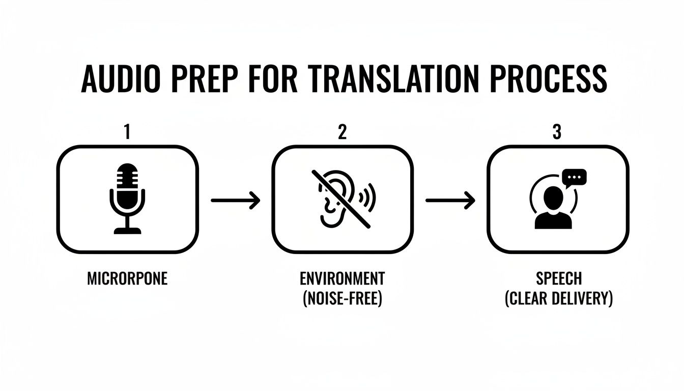 Flowchart illustrating three steps for audio preparation for translation: microphone, noise-free environment, and clear speech.