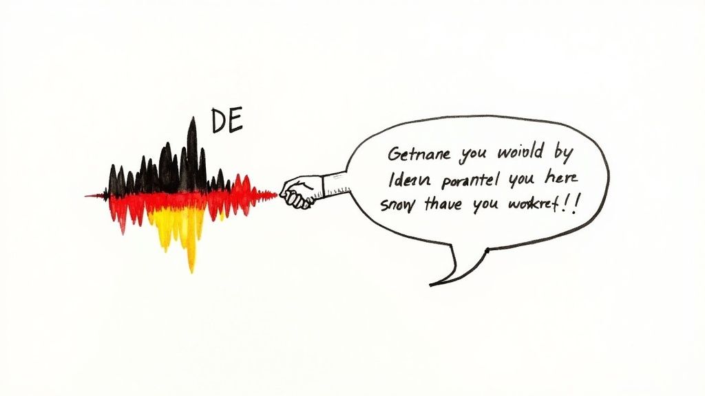 German flag colors form a sound wave with 'DE' text, leading to a speech bubble with phonetic German.