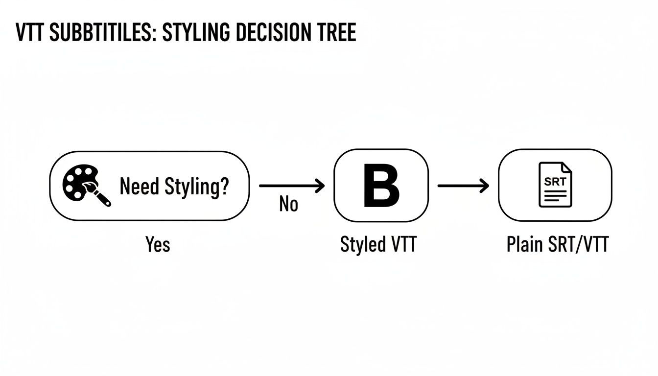 Decision tree for VTT subtitles styling, illustrating paths to styled and plain subtitle files.