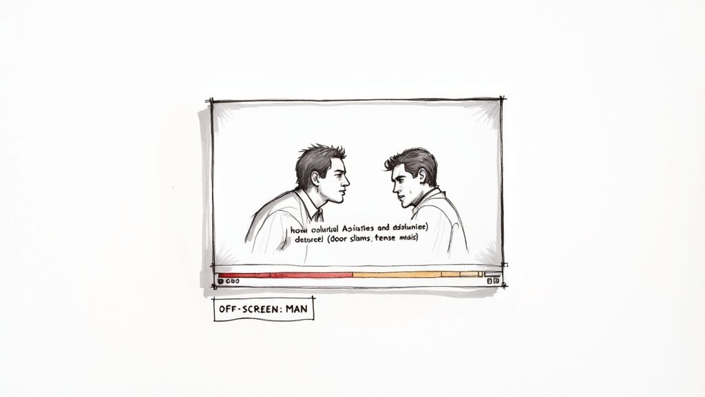 Video editing timeline showing subtitle notes about colonial activities with off-screen man label