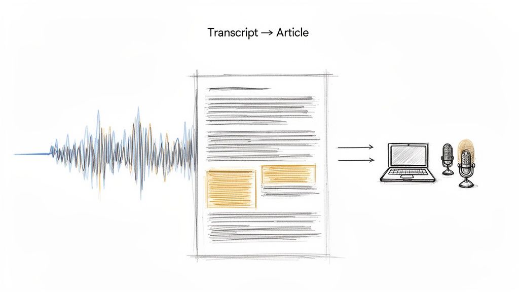 Illustration of content repurposing: audio transcript becoming an article and then audio content.