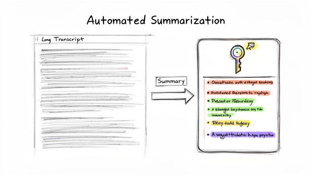 A diagram illustrates automated summarization, transforming a long transcript into a concise, bullet-point summary with a key.