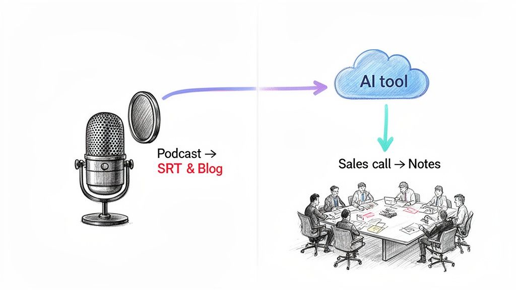 An AI tool processes audio from podcasts to create SRT/blog content and sales calls to generate notes.