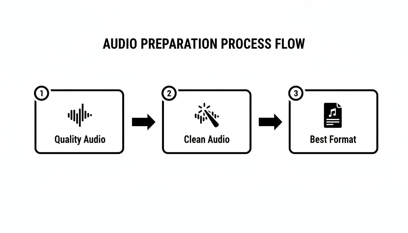 Flowchart depicting the audio preparation process, including steps for quality, cleaning, and selecting the best format.