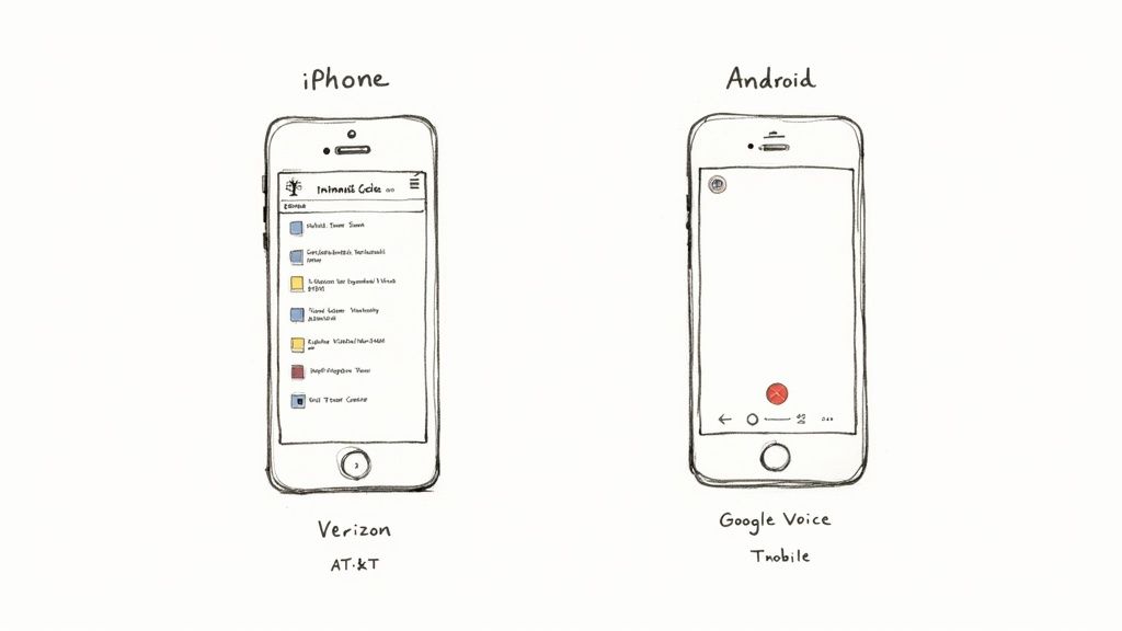 Hand-drawn comparison of iPhone voicemail transcription (Verizon, AT&T) and Android Google Voice (T-Mobile).