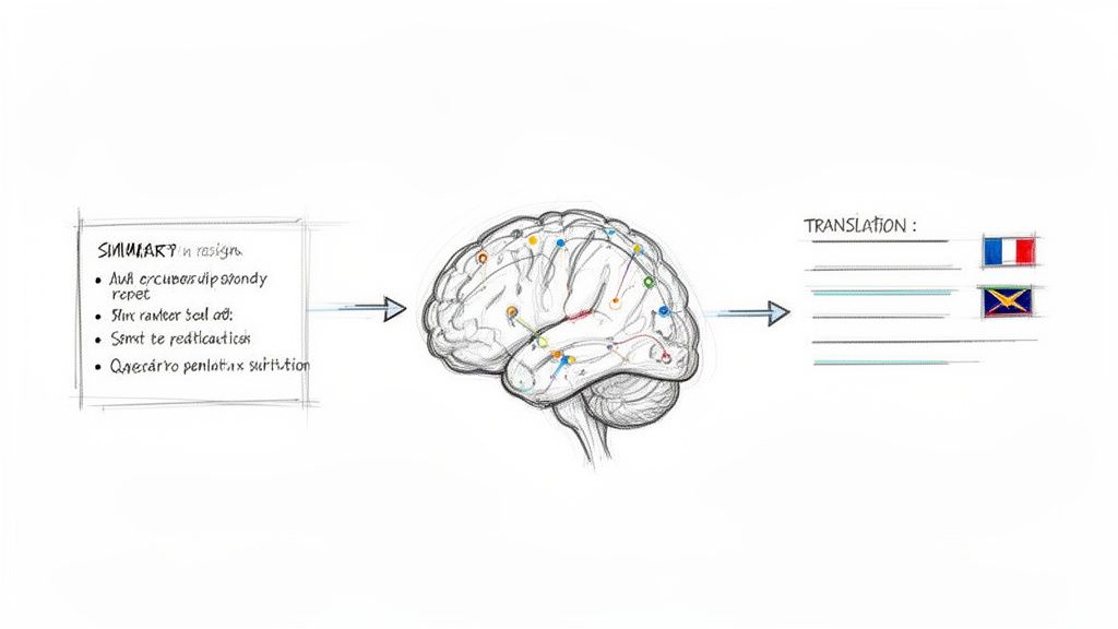 Diagram illustrating text processing: input text goes into a brain, then translated into two languages.