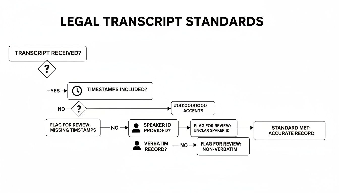 A flowchart illustrating legal transcript standards, including checks for timestamps, speaker ID, and verbatim record.