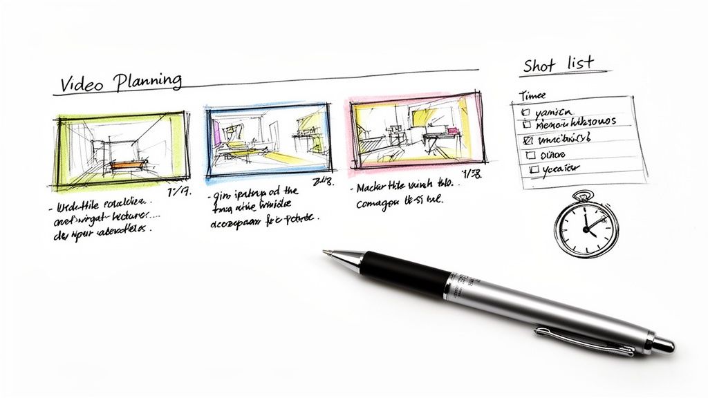 Hand-drawn video planning storyboard with sketches, shot list, stopwatch, and a pen on white paper.