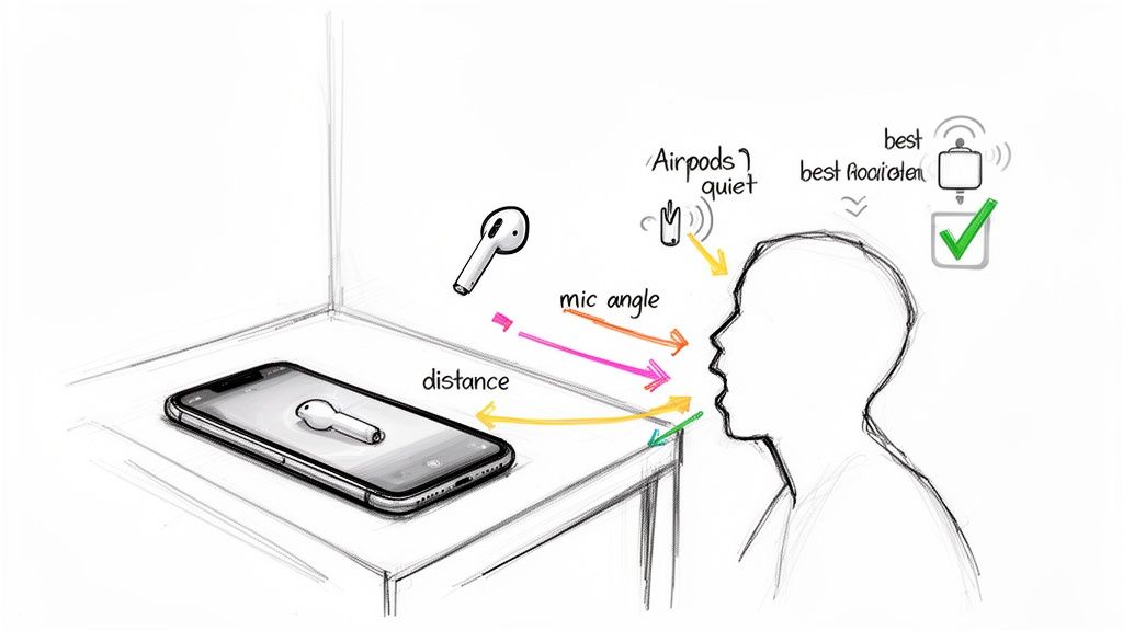 Diagram showing a person speaking towards an iPhone and AirPods, illustrating factors like distance and mic angle for best acoustics.