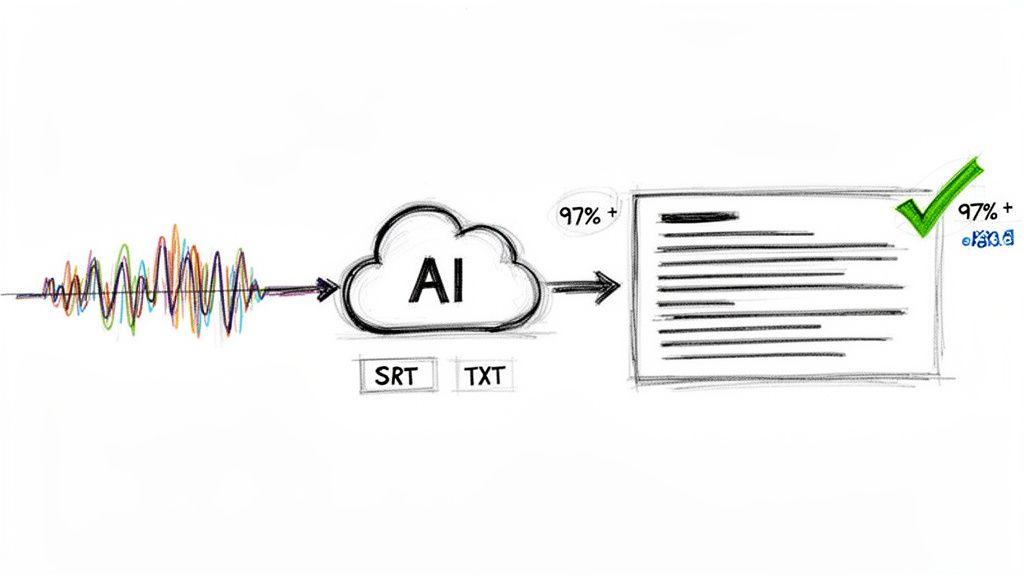 AI converts audio waveforms into accurate text documents, producing SRT and TXT files with 97%+ accuracy.