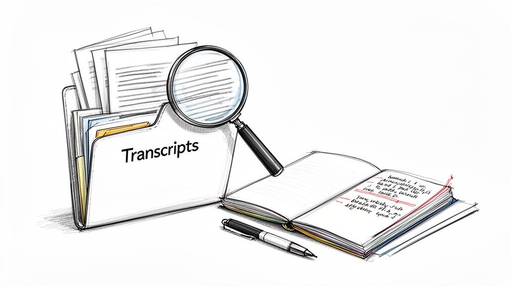 An illustration of a 'Transcripts' folder, magnifying glass, notebook, and pen, symbolizing data analysis and review.