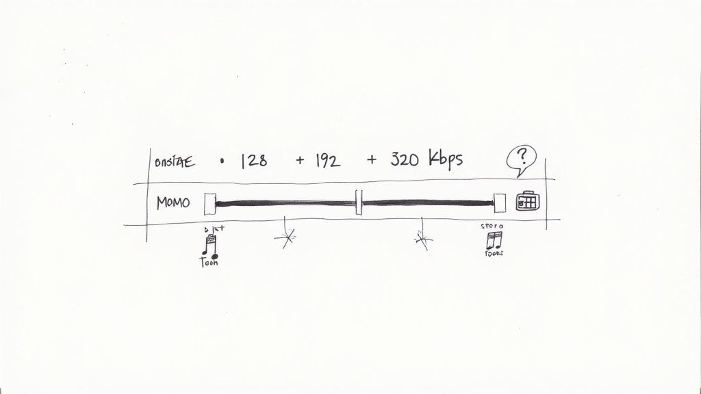 Hand-drawn diagram illustrating audio processing with different bitrates (128, 192, 320 kbps) and music notes.
