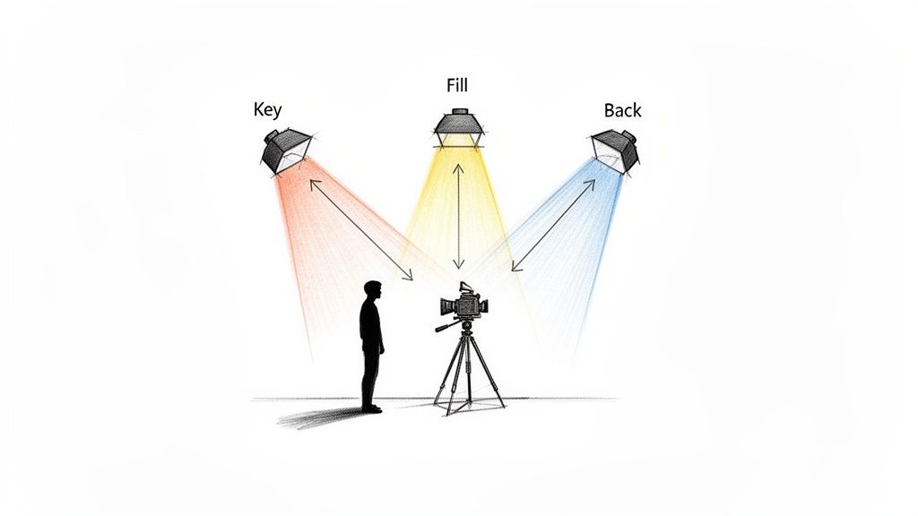 Diagram illustrating a three-point lighting setup for video production with key, fill, and back lights.