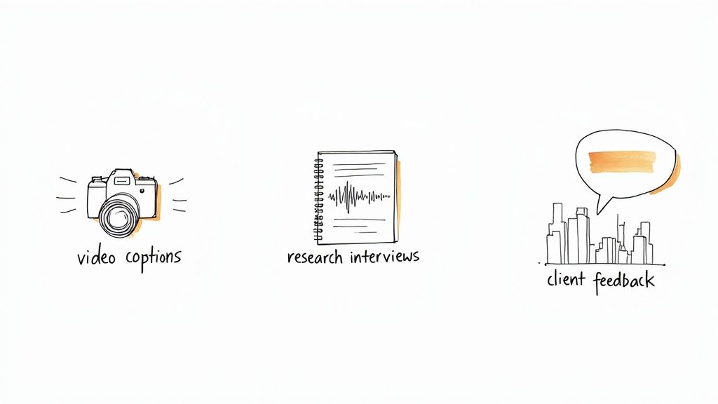 Three hand-drawn icons illustrating different data collection methods: video, research interviews, and client feedback.