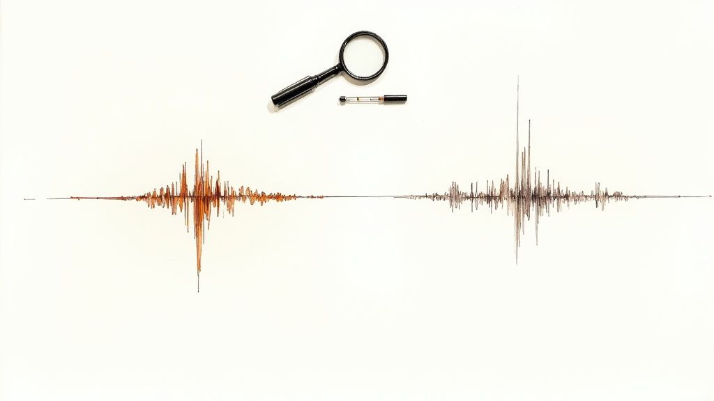 A person using audio editing software on a computer, preparing a file for transcription.