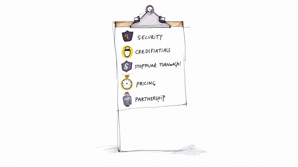 A hand-drawn clipboard shows a list: security, credifiatials, stopmund turnwachi, pricing, partnership.