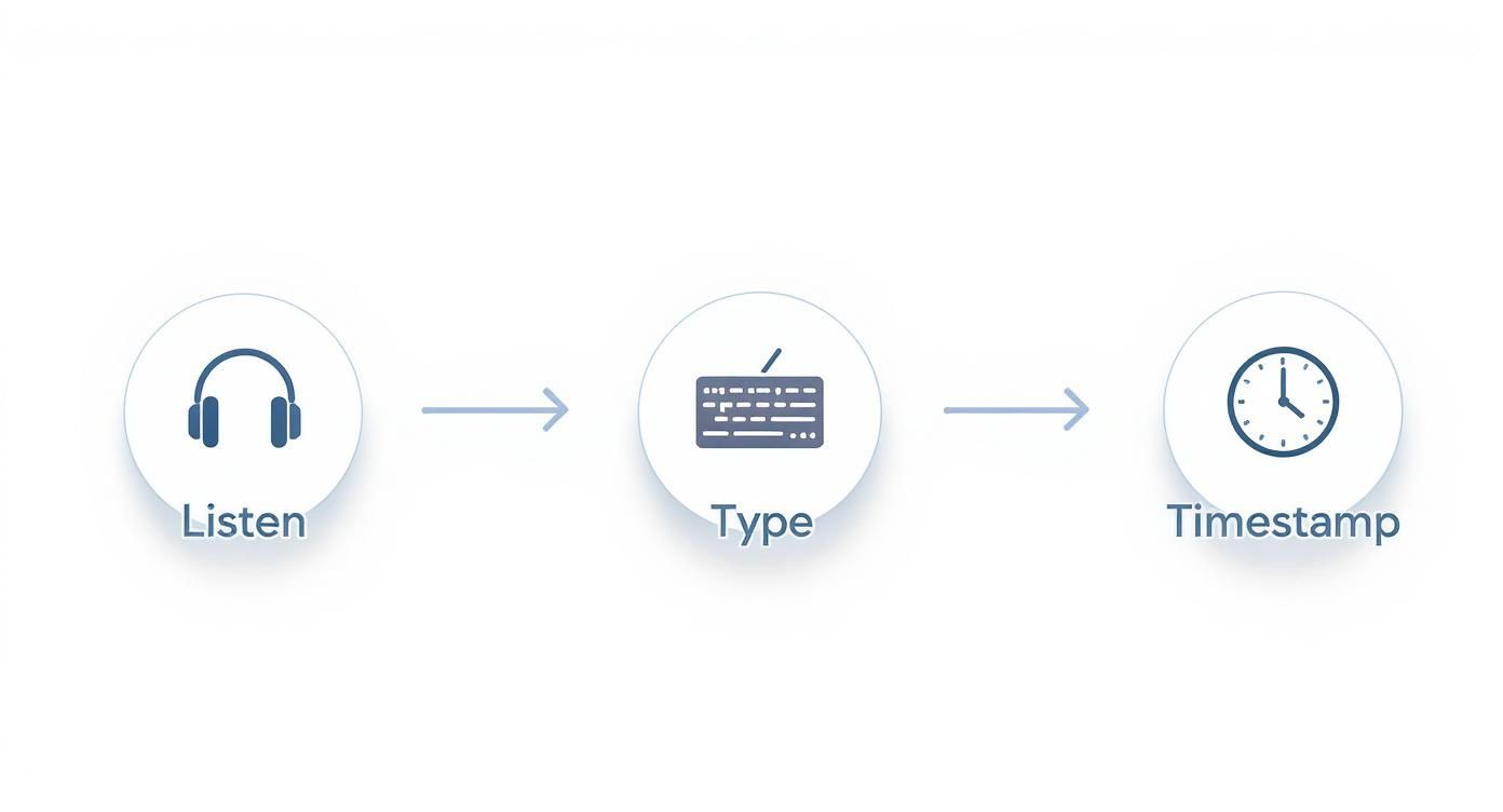 A three-step workflow illustrating audio transcription: Listen with headphones, Type on a keyboard, and Timestamp with a clock.
