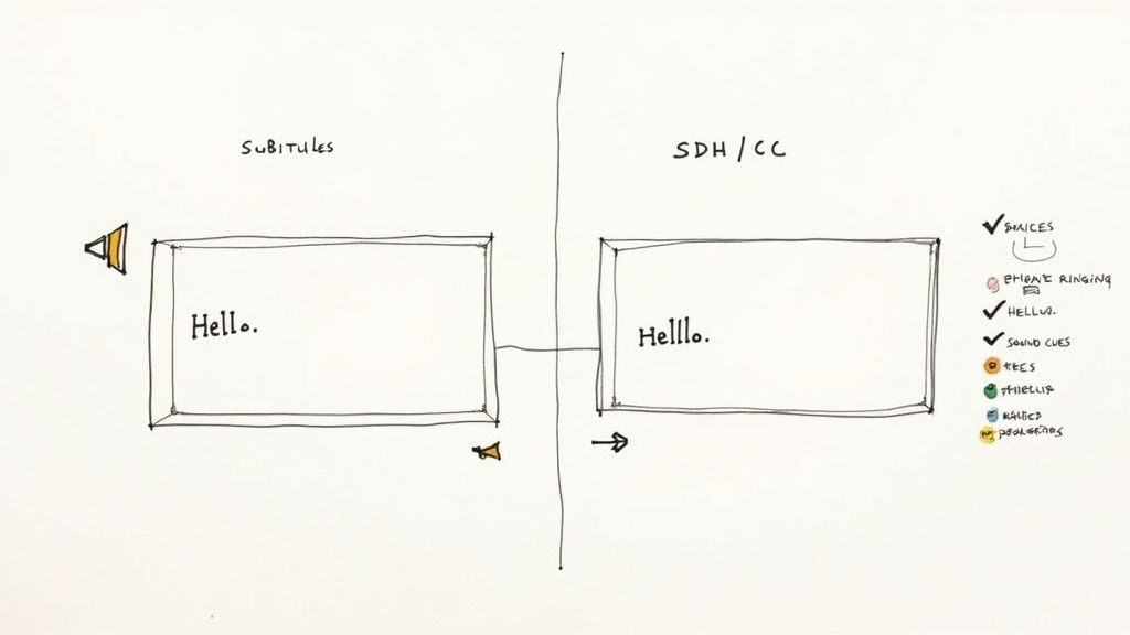 Comparison diagram showing differences between standard subtitles and SDH closed captions with accessibility features checklist