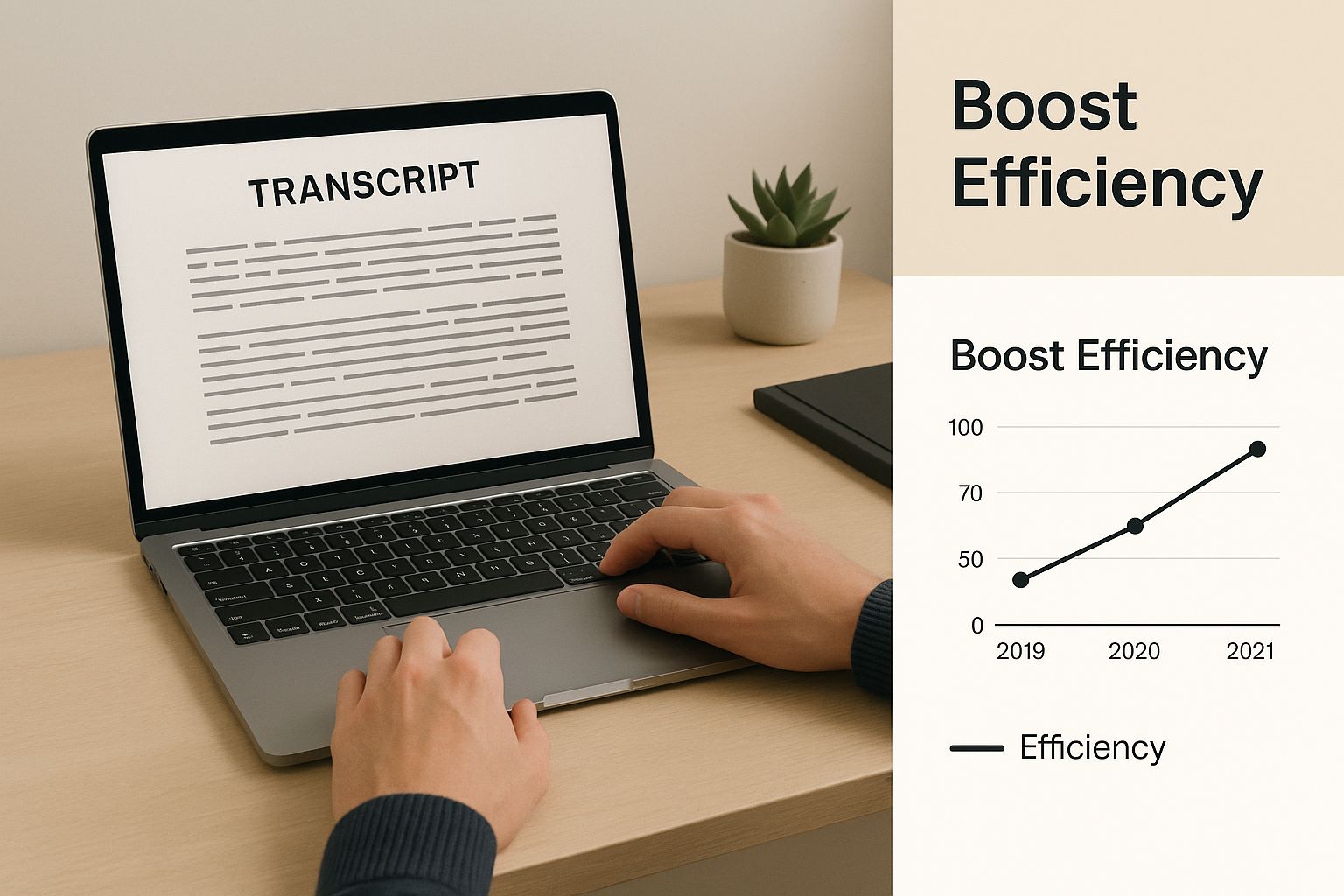 An infographic showing a person at a desk reviewing a transcript on their laptop, with a text box in the upper-right corner that reads 'Boost Efficiency'.