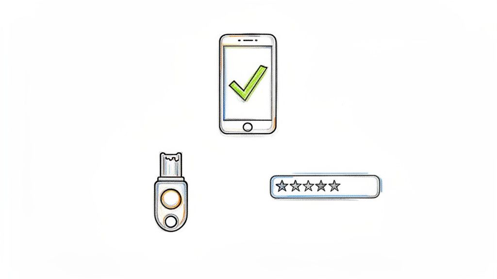 Illustration of digital security elements: a phone with a checkmark, a security key, and a five-star rating.