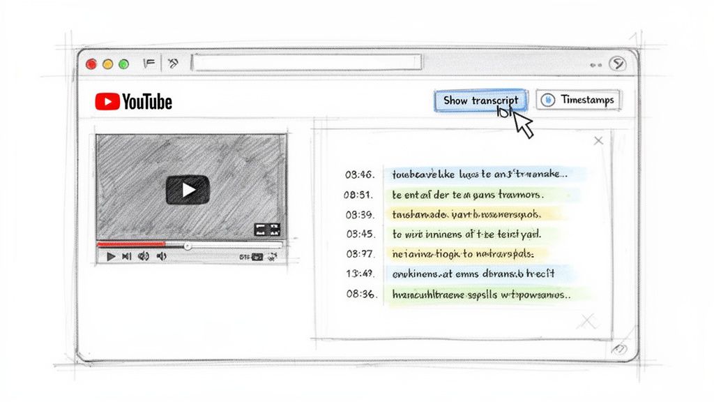 Sketch of a YouTube interface showing a video player and a transcript with timestamps, highlighting the 'Show transcript' button.