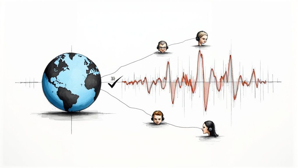 A person wearing headphones and working on a laptop with soundwave graphics, illustrating the process of audio translation.