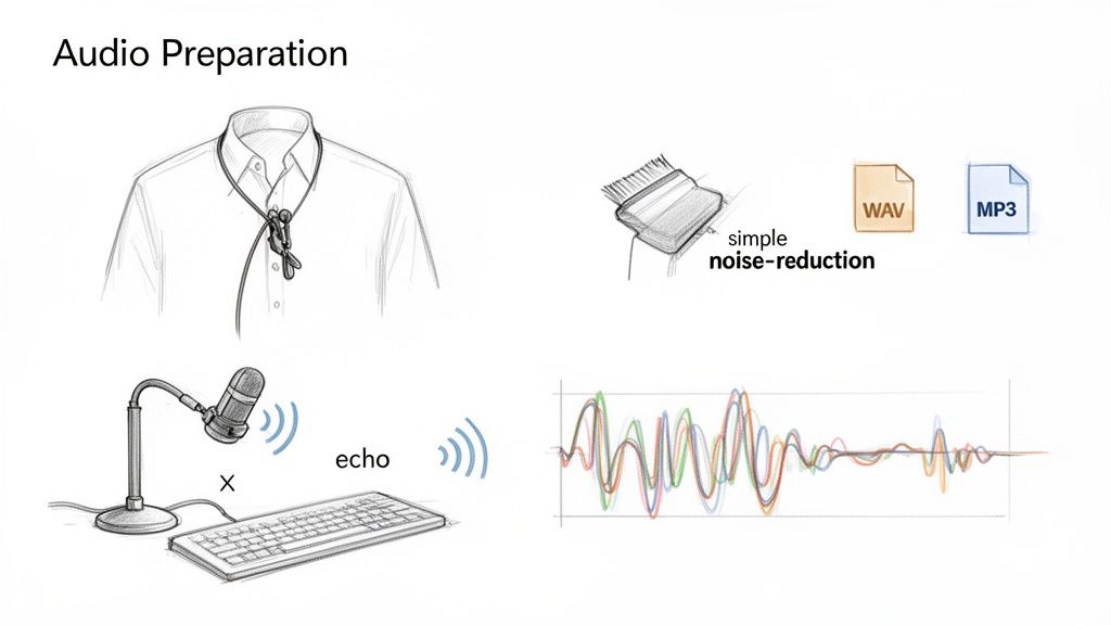 Illustration showing audio preparation: lavalier mic, noise reduction, avoiding echo, and audio waveforms.