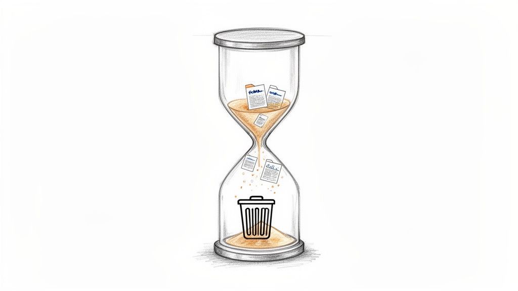 Data files falling through an hourglass into a trash bin, illustrating data deletion over time.