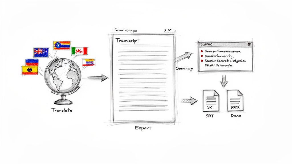 A workflow diagram illustrating translation, transcription, summarization, and export of different document types.
