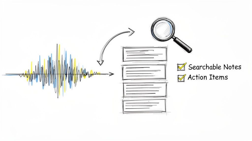 Diagram showing an audio waveform transforming into searchable notes and action items.