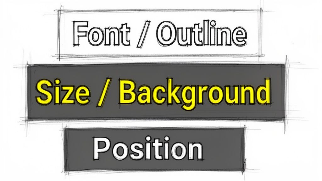 A visual guide illustrating text properties: Font/Outline, Size/Background, and Position.