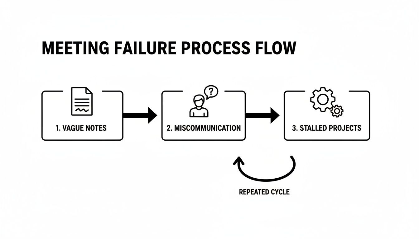 Flowchart illustrating the meeting failure process from vague notes to stalled projects, highlighting a repeated cycle.