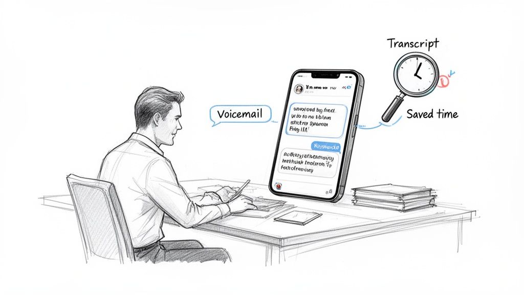 A man reads a voicemail transcript on his smartphone, saving time with this transcription feature.