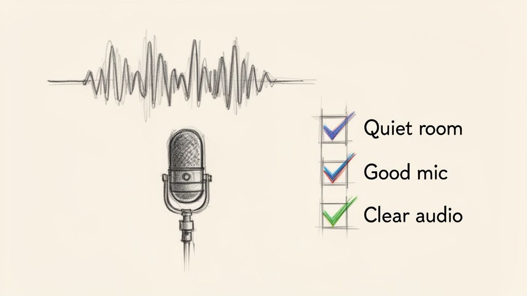 Illustration showing an audio waveform, microphone, and a checklist with 'Quiet room', 'Good mic', 'Clear audio' checked.