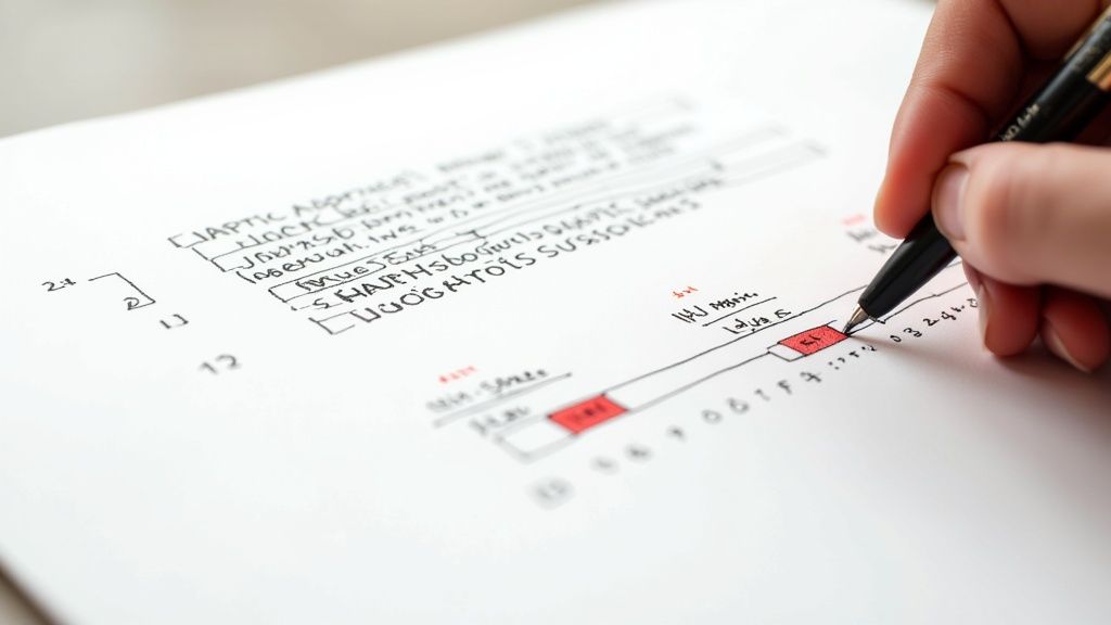 A person editing subtitles on a laptop, showing a video timeline and text boxes for refinement.