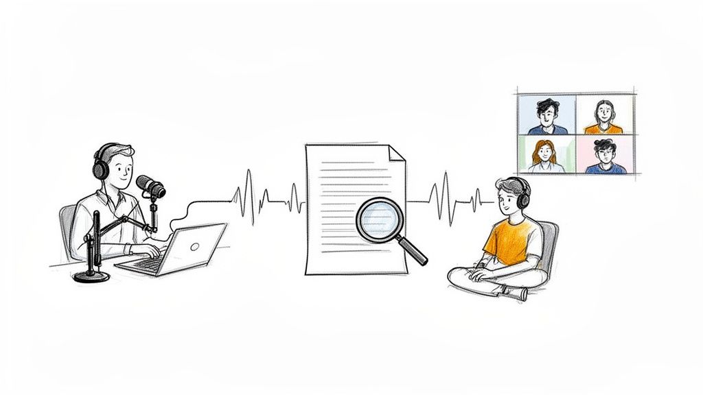 Illustration of audio recording, text analysis, and virtual collaboration, depicting the conversion of speech to written word.