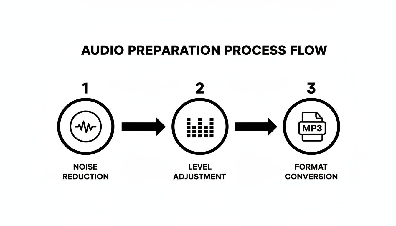 A flow chart illustrating the three steps of audio preparation: noise reduction, level adjustment, and format conversion.