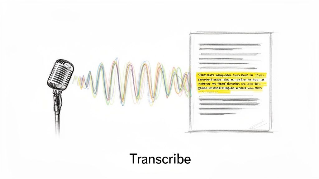 A sketch of a microphone and sound waves converting into highlighted text on a document, symbolizing transcription.