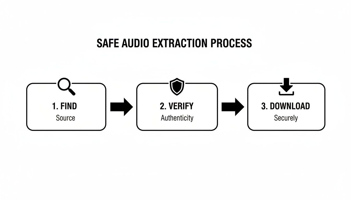A flowchart showing the safe audio extraction process with three steps: find, verify, and download.