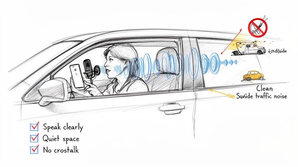 A woman records a voice memo in a car with a microphone, demonstrating noise reduction and clear speech.