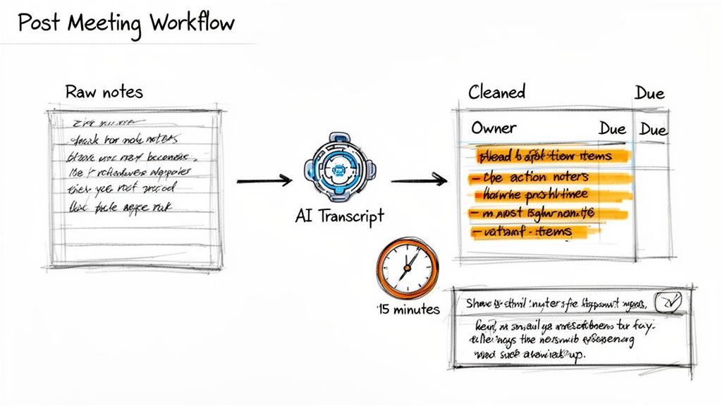 Diagrama de un flujo de trabajo posterior a la reunión: notas sin procesar transformadas por la IA en elementos de acción limpios con propietarios y fechas de vencimiento.