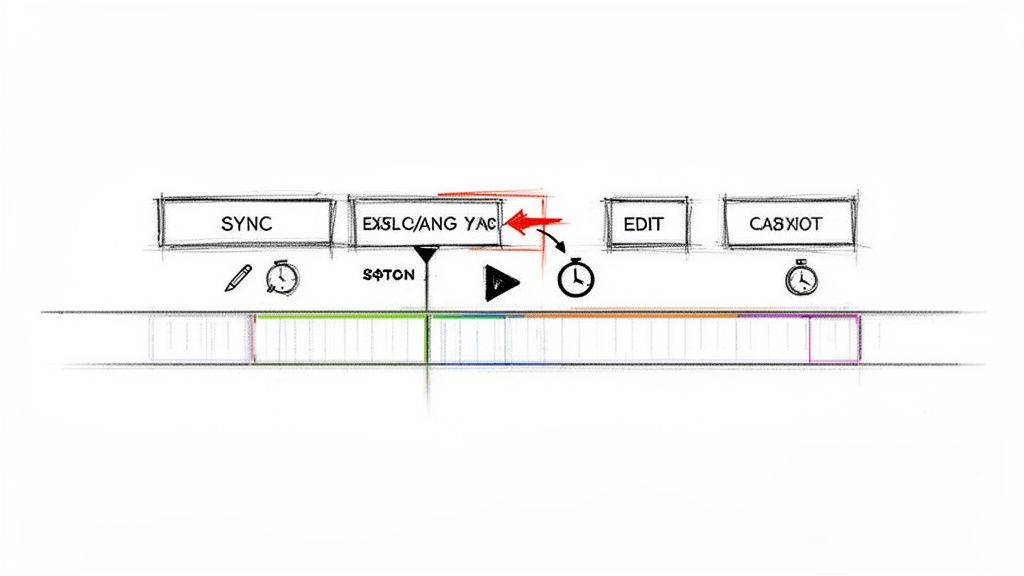 A detailed sketch of a media editing timeline interface with sync, edit buttons, and various time-related icons.