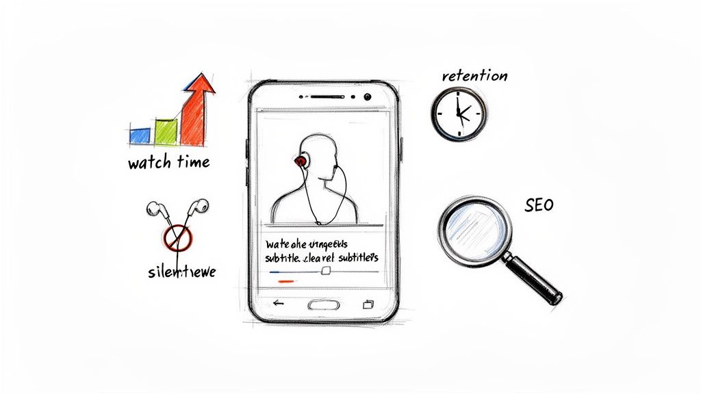 Diagram showing a smartphone playing a video with subtitles, illustrating benefits like increased watch time, retention, and SEO.