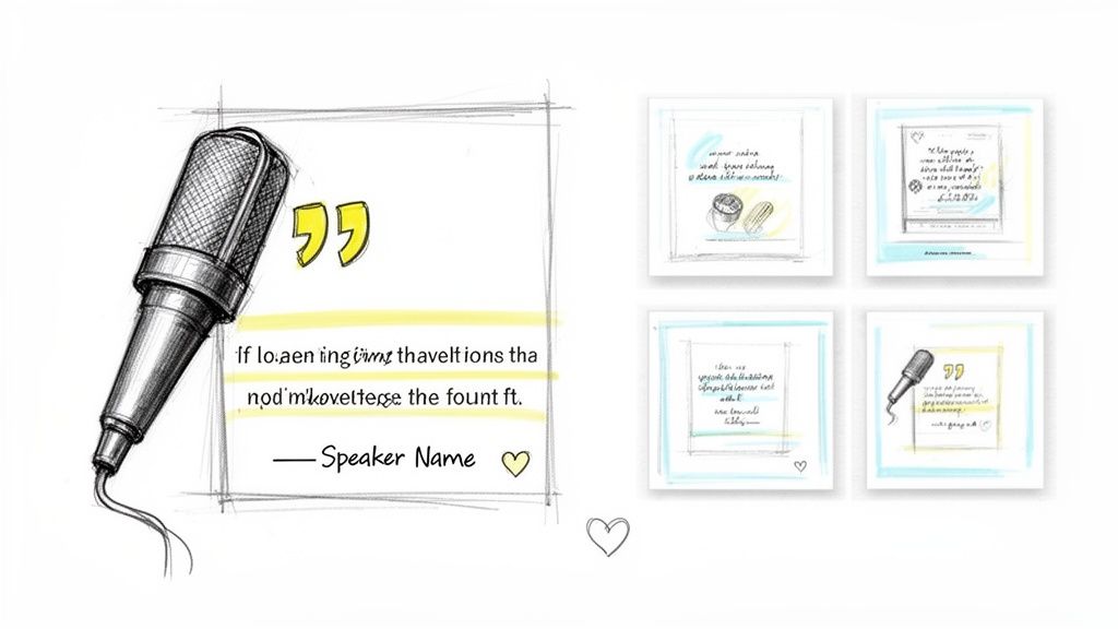 A hand-drawn sketch of a microphone next to a quote with several smaller framed quotes.