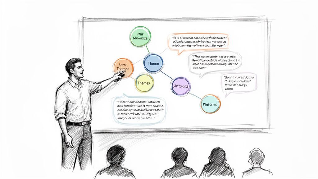 Hand-drawn illustration of a man explaining a theme-based concept map on a whiteboard to a small audience.